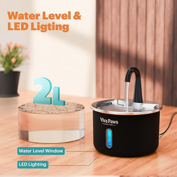 Cat Water Fountain Stainless Steel, Viva Paws 2.2L Automatic Drinking Fountain for Cats, Ultra Quiet Pet Fountain with 4 Stage Filtration System, Easy to Clean Indoor Cat Supplies