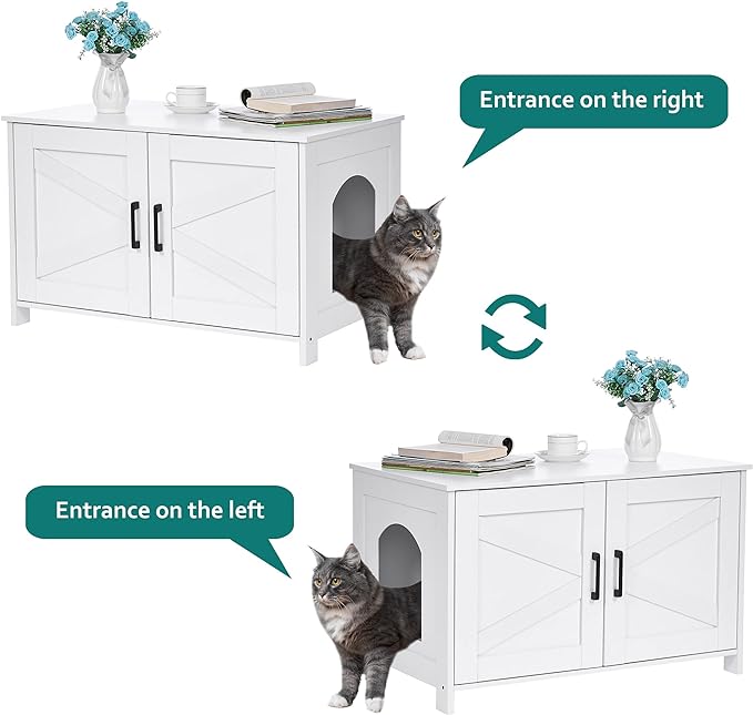 Homhedy Cat Litter Box Enclosure, Wooden Cat Washroom Furniture with Barn Door, Pet House, Fit Most of Litter Box, White