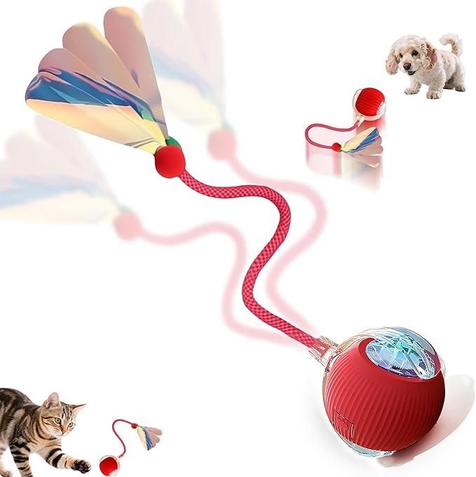 Interactive Cat Toys Ball - 2025 New Gen with Smart Obstacle Avoidance,Auto Wake-Up & 3-Speed Adjustable,Includes 2 Speedy Tail 2.0 Ropes, Ideal Kitten Toys for Bored Indoor Cats (Red)