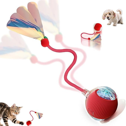Interactive Cat Toys Ball - 2025 New Gen with Smart Obstacle Avoidance,Auto Wake-Up & 3-Speed Adjustable,Includes 2 Speedy Tail 2.0 Ropes, Ideal Kitten Toys for Bored Indoor Cats (Red)