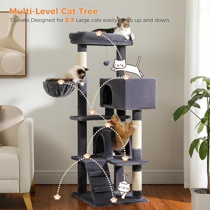 Cat Tree for Indoor Cats, 2 Cozy Condos with Spacious Top Perch, 56.3-Inch Multi-Level Cat Tower with Scratching Posts, 2 Caves, Plush Hammock and Climbing Ramp, Dark Grey