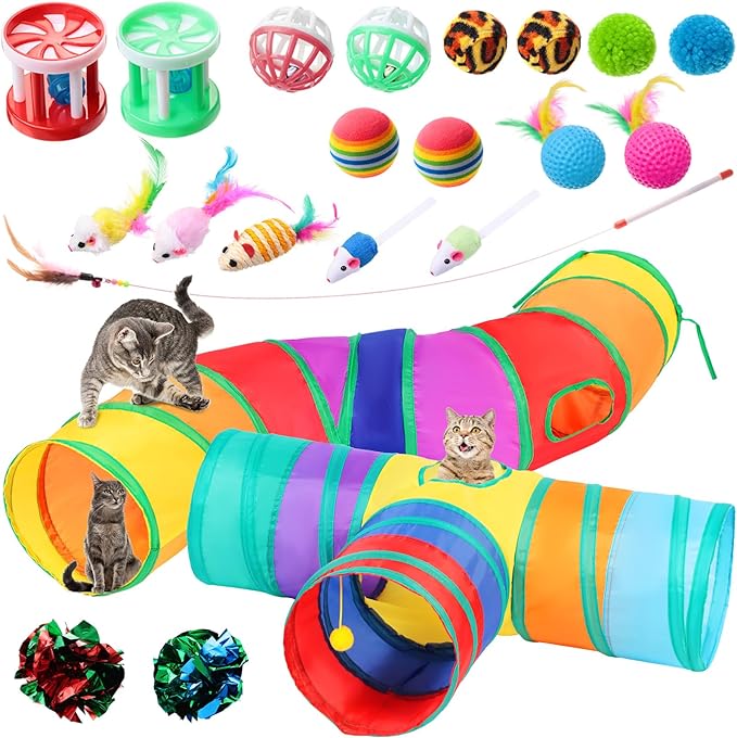 Wettarn 22 Pieces Cat Toys Set, with 2 Collapsible Tunnels for Indoor Cats and 20 Kitten Toys Tubes and Tunnels Interactive Feather Mouse Crinkle Balls for Pets Puppies(Colorful)