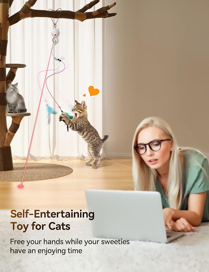 Laser Cat Toys for Indoor Cats, Interactive Cat Toy LED Light Hanging, Cats Wand Toy Feather, Feather & Mouse for Bored Adult Kitten Exercise, White