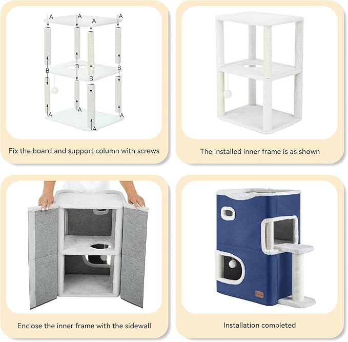 YITAHOME 2-Tier Cat House, Indoor Cat Cave Bed Playhouse, Cat Tunnels with Scratch Pad and Hideaway Cube, Cute Modern Cat Condo Furniture for Multi Small Cats, Extended (Blue)