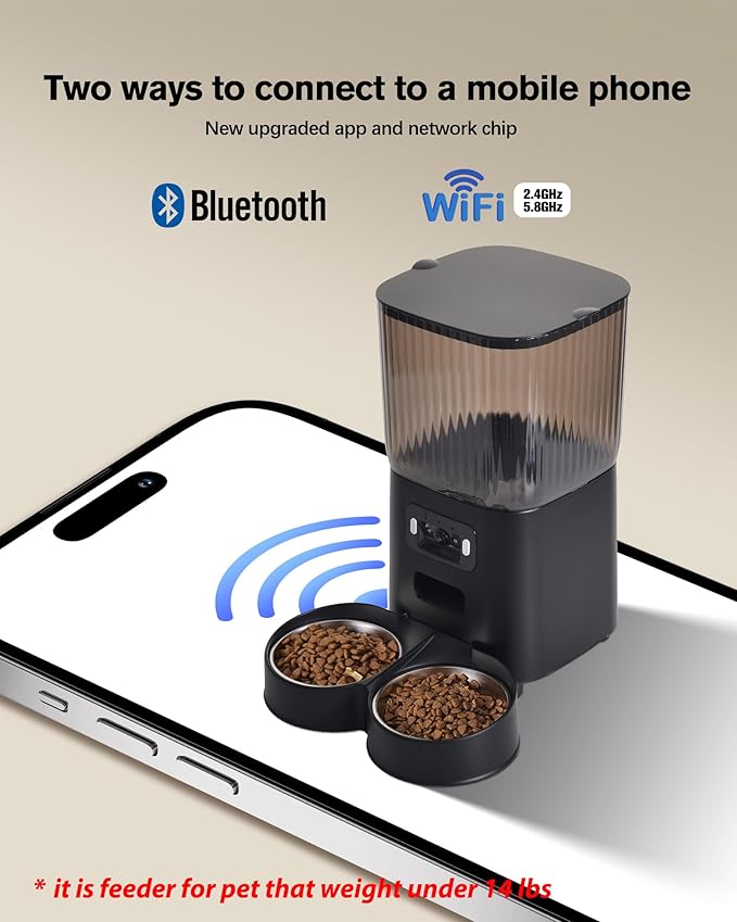 Automatic Cat Feeder, Camera Auto 2 Cats Dispenser 5L Microchip WiFi 2.4G&5G Timed Dual Pet Smart APP Dry Food Self Feeding Container Station(Black, 2 Bowls)