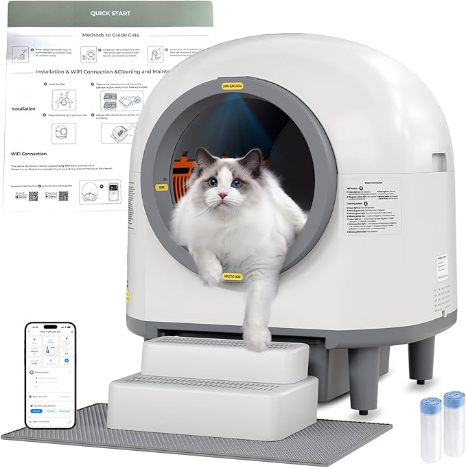 Self Cleaning Litter Box, 100L Automatic Litter Box Self Cleaning for Multiple Cats, Smart Litter Robot with APP Control, Trap Mat, Ramp, Large