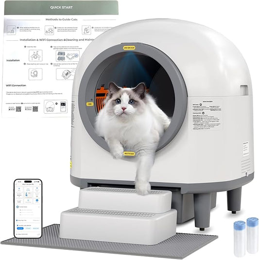 Self Cleaning Litter Box, 100L Automatic Litter Box Self Cleaning for Multiple Cats, Smart Litter Robot with APP Control, Trap Mat, Ramp, Large