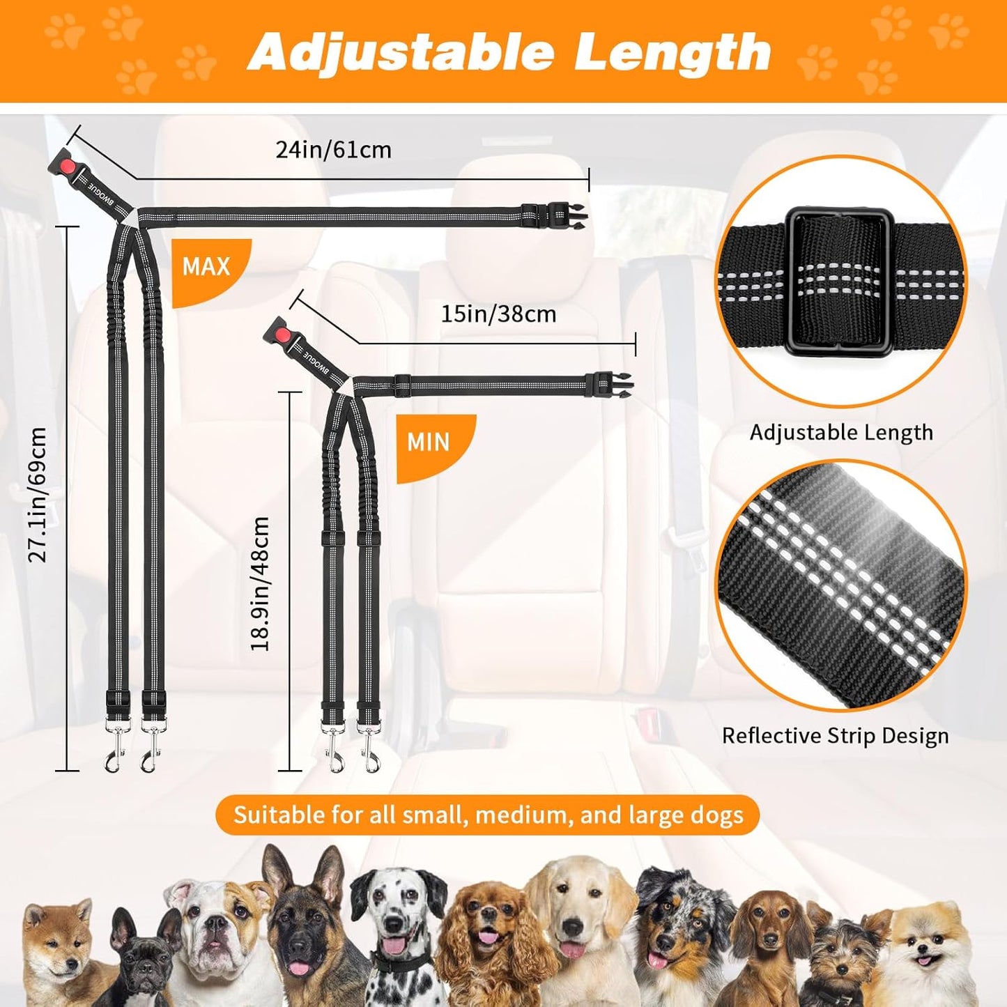 BWOGUE Double Dog Cat Seat Belts, Car Headrest Restraint Adjustable Travel Leash,Safety Elastic Leads Splitter Connect Vehicle Seatbelt Harness for 2 Dogs