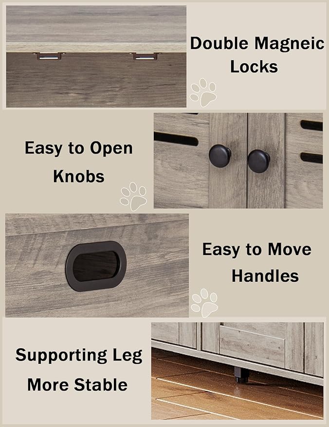 DINZI LVJ Litter Box Enclosure for 2 Cats, Hidden Litter Box Furniture with Double Rooms, Dual Cat Litter House, Front Doors, 47.2" Wooden Hidden Cat Washroom, Side End Table, TV Stand, Greige