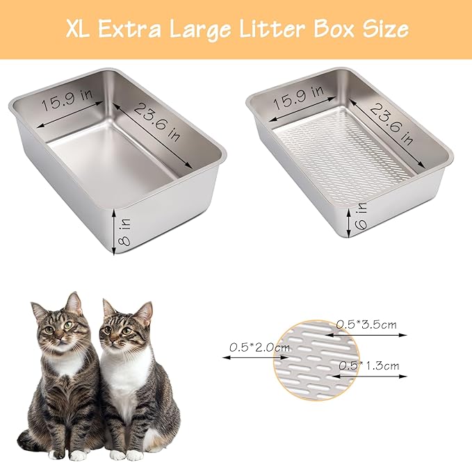 Stainless Steel Sifting Cat Litter Box, XL High-Sided, Anti-Leakage, Easy Clean, 23.6" L x 15.9" W x 8" H，Includes Scoop & Liner, Ideal for Big Cats & Pine Pellets