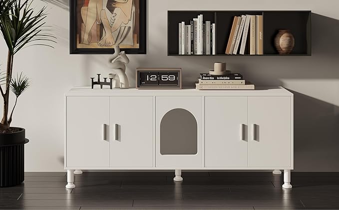 Double Litter Box Enclosure, Litter Box Enclosure for 2 Litter Boxes, Modern Litter Box Furniture for 2 Cats, with Cat Door & Motion Light (White)