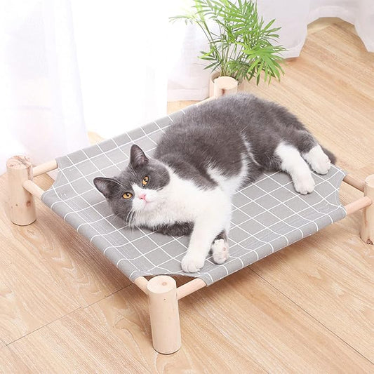 Pozico Elevated Cat Bed for Small Dogs & Cats – Raised Pet Hammock Bed, Wooden Frame Indoor Outdoor Dog Cot, Breathable Mesh Puppy Bed, Portable Cat Lounger – Grey Grid