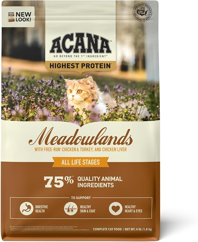ACANA Highest Protein Meadowlands Grain-Free Dry Cat Food, Free-Run Chicken and Turkey and Chicken Liver Cat Food Recipe, 4lb
