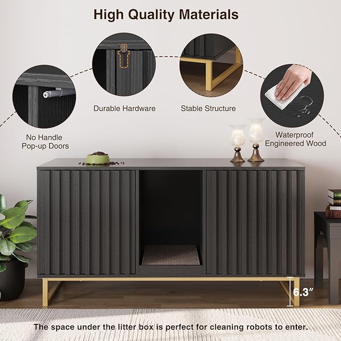 Cat Litter Box Enclosure for 2 Cats, 47.6’’ Litter Box Furniture Hidden with Scratch Pad, Double Room Large Cat Cabinet, Indoor Pet House TV Stand Side Table,Cats Washroom, Black