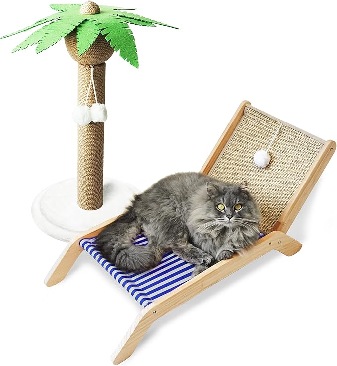PETKARAY Cat Hammock with Coconut Palm Tree Scratching Post, Cozy Beach Chair Elevated Cat Beds, Original Lounger for Indoor Cats