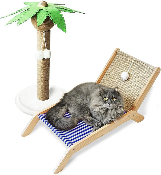 PETKARAY Cat Hammock with Coconut Palm Tree Scratching Post, Cozy Beach Chair Elevated Cat Beds, Original Lounger for Indoor Cats