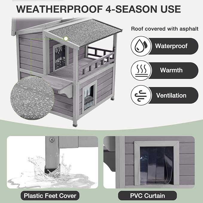 Insulated Cat House Outdoor, Weatherproof Kitten Home with Large Balcony and Funny Stairs, Wooden Feral Cat Shelter with Two Rooms