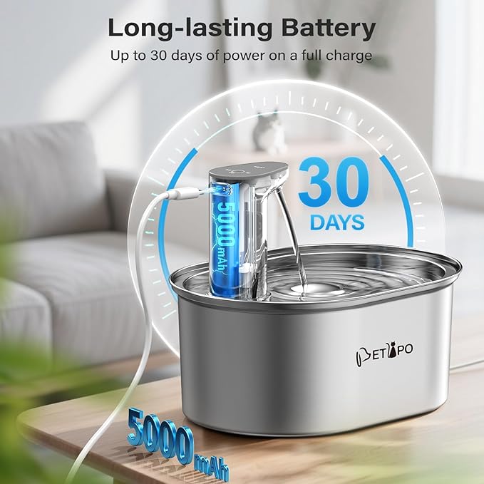 Cat Water Fountain Wireless Cordless with 4 Filters, Stainless Steel Pet Water Fountain with Auto Shut Off Pump, Battery Operated Cat Fountain Rechargeable Water Fountains for Cats Dogs - 3.2L/108oz