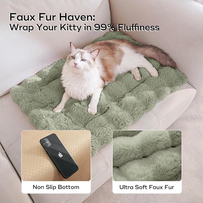 Cat Beds for Indoor Cats Faux Fur Pet Mat Cute Kitten Plush Bed with Non-Slip Bottom for Carriers/Sofa Dog & Puppy Friendly 35 x 27 Inch Green