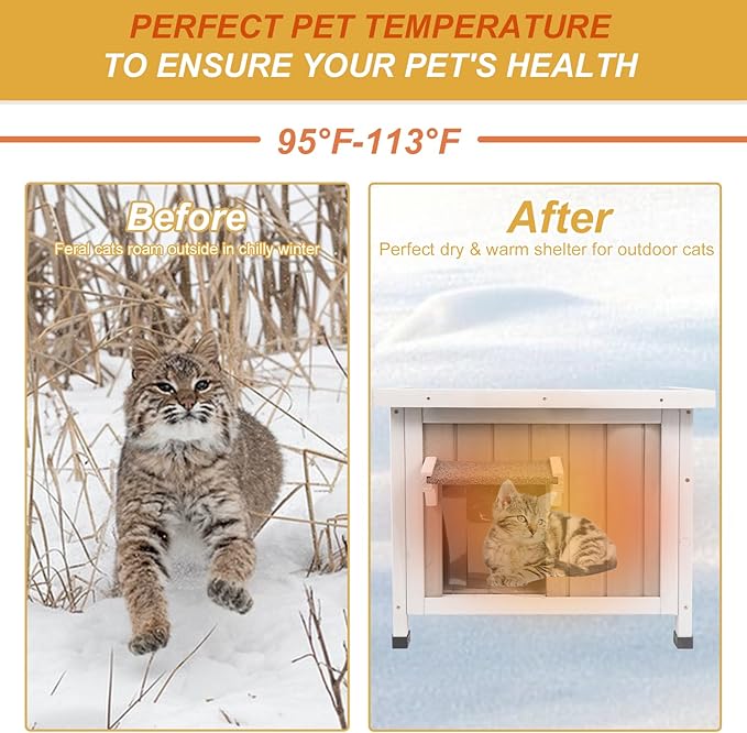 Outdoor Cat House Insulated, Winter Insulated and Thermostatic Outdoor Feral Cat House Weatherproof Solid Wood, Easy Assembly Cat Shelter with Open Roof,22.44x18.43x17.52 in