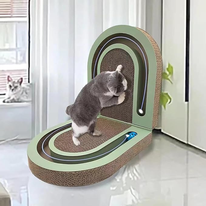 Extra Long 26" Folding Cat Scratch Pad with Chasing Bells Double Sided Interactive Cardboard Cat Scratcher Cat Scratching Board for Cats Cardboard Scratching Pads for Indoor Cat Toy