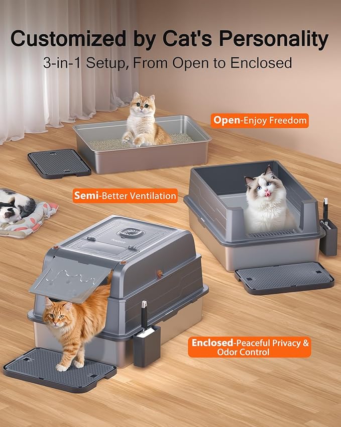 PetGenie® 2025 XXXL Stainless Steel Cat Litter Box (152L) - Leak-Proof for High Pee Cats, 180° Flip Top Lid & 3-in-1 Modes, Fits Maine Coon/Multi-Cat Homes w/Metal Scoop & Charcoal Filter