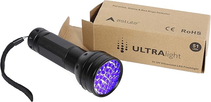 Astute ULTRAlight UV Flashlight Black Light, 51 LED 395 nM - Detector for Pet Urine, Pet Stains and Bed Bugs