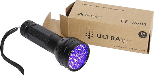 Astute ULTRAlight UV Flashlight Black Light, 51 LED 395 nM - Detector for Pet Urine, Pet Stains and Bed Bugs