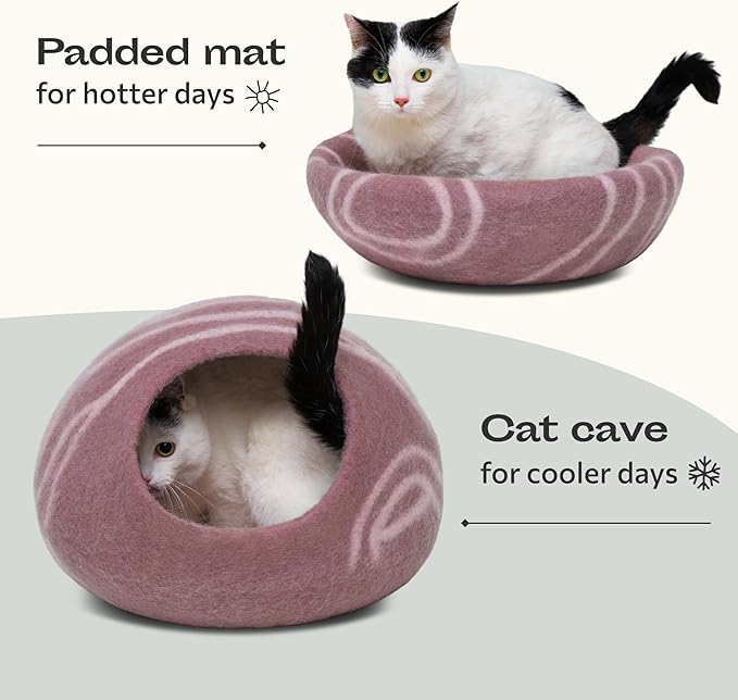 MEOWFIA Cat Cave – Premium Felt Cat Bed for Indoor Cats, Handmade 100% Merino Wool (Gold Rose, Medium)