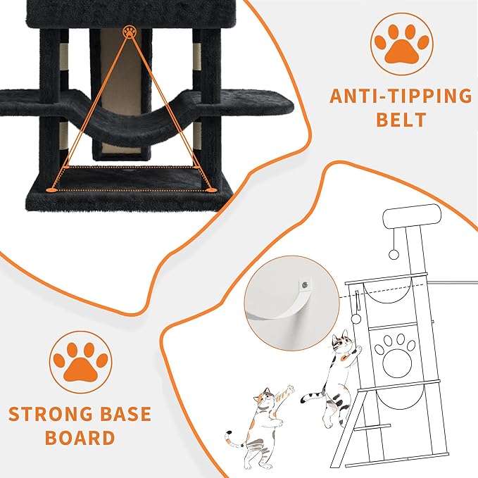 68.5 Inch Multi-Level Cat Tree, Plush Cat Tower with Condo/Sisal Scratching Posts/Hammocks/Basket/Dangling Ball/Platform, Heavy Duty Cats Tree to Play and Sleep,2601#Dark Grey