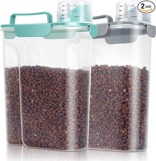 TBMax Pet Dog Cat Food Storage Containers 2 Pack 10 to 14 Lbs, Airtight Cat Food Dispenser with Large Spout & Portable Handle, Travel Dog Treat Storage Bin Bird Seed Container-Cyan+Dark
