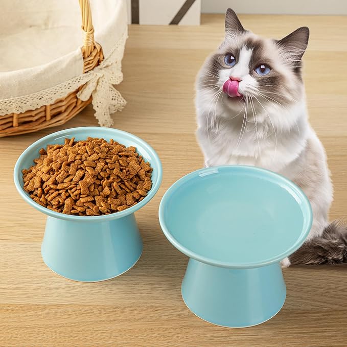 6.2 Inch Extra Wide Elevated Ceramic Cat Bowls, Food and Water Bowl Set for Elder Big Cats Small Dogs, Raised Design for Pet Easy Eating, Protect Cat's Spine Set of 1(Blue-1pc