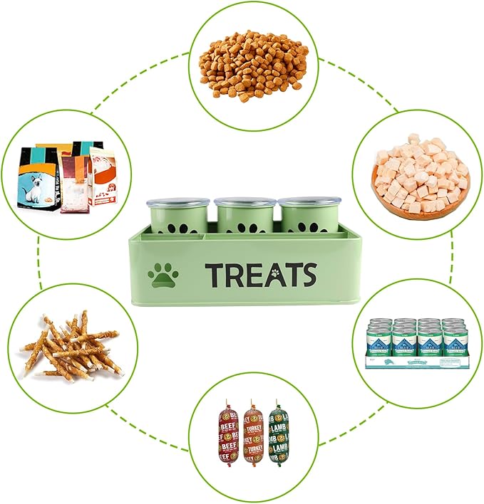 28oz Metal Dog Treat Container Set of 3,Dog Treat Jars with Airtight Lids,Cat Treat Jar,Dog Treat Canister for Countertop,Coated Galvanized Steel Dog Treats Station-Green