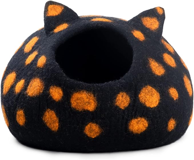Woolygon Wool Cat Cave Bed - Handcrafted 100% Merino Wool, Eco-Friendly Felt Cat Cave for Indoor Cats and Kittens (Black Polka)