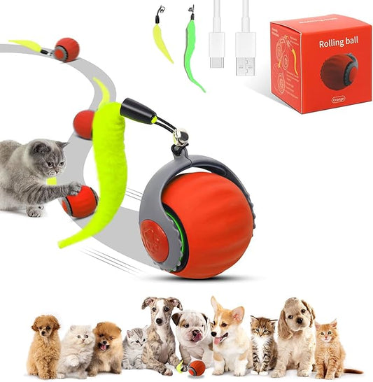 Interactive Cat Ball Speedy Tail 3.0 Pet Toy Rolling Ball, Interactive Toys for Indoor Cats, 360° Smart Automatic Dog Kitten Toy Turbo Tail Electronic Bouncing Balls Extra Tails (Red)