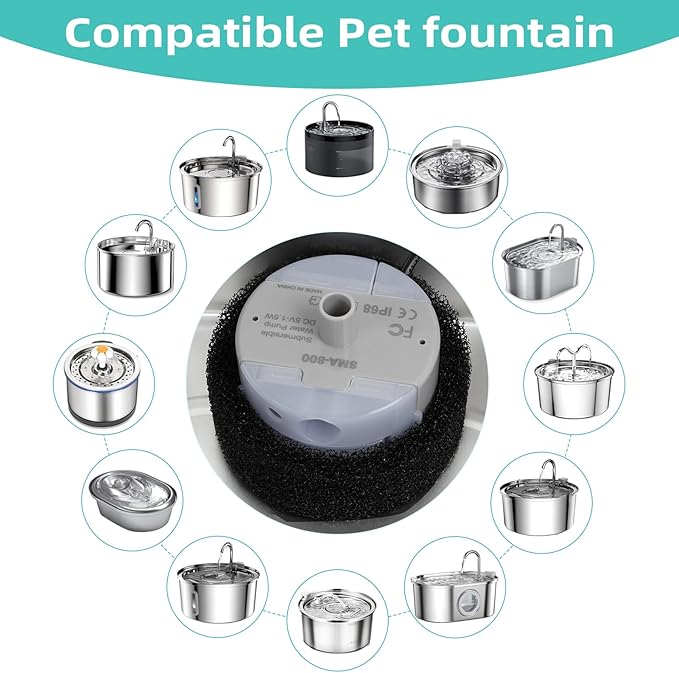 Ultra-Quiet Replacement Pump for Stainless Steel Cat Water Fountains - SMA-800 Motor - Safe and Easy to Clean with Low Voltage DC 5V and USB Cable (Bottom Suction Pump)