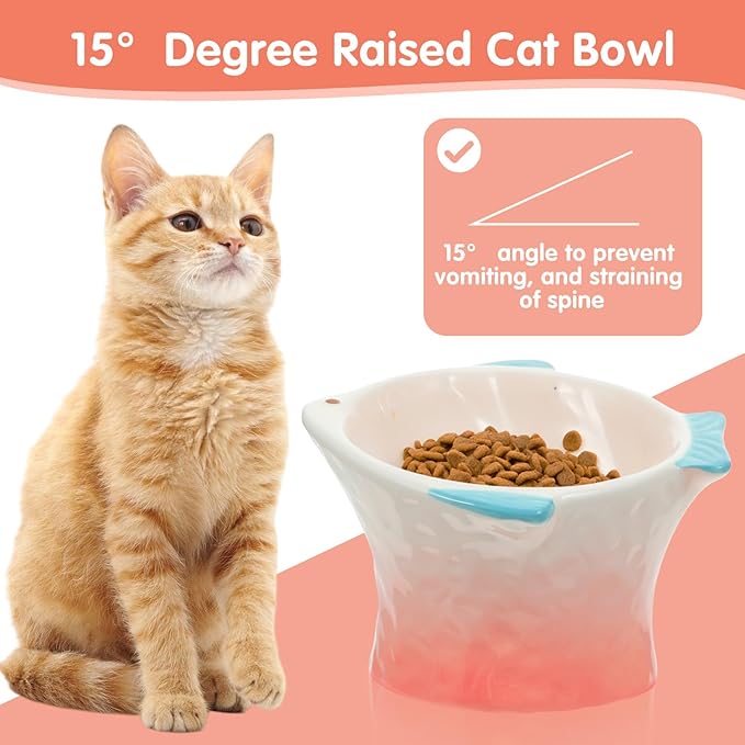 2 Pcs Raised Tilted Ceramic Cat Food Bowl, Cute Elevated Slanted Shallow Shallow Angled Fish Shape Cat Bowl, Non Slip Cats Feeding Bowls for Anti-Vomiting and Whisker Fatigue (Blue, Pink)