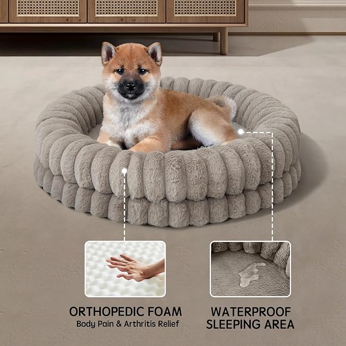 BALANCE Luxury Donut Dog Bed, 30 Inches Round Dog Bed Medium Size Dogs Washable, Orthopedic Calming Dogs Bed for Pets with Anti-Slip Bottom, Oatmeal