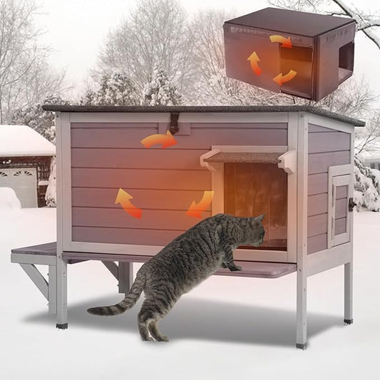 Outdoor Cat House with Insulated Liner, Heated Feral Cat House for Winter, Weatherproof Stray Cat Shelter Outside, Kitty Condo Indoor