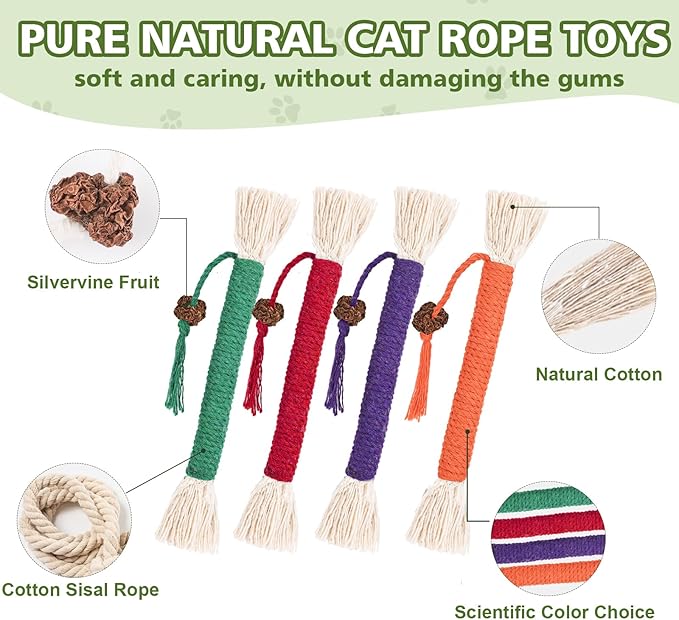 8 Pack Catnip Chew Toys for Cats,Cotton Sisal Rope Toys,Cat Natural Silvervine Sticks,for Cat Teeth Cleaning and Dental Care,Interactive Toy for Bored Indoor Cats