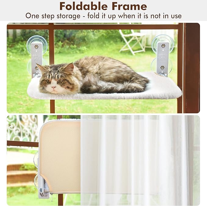 AMOSIJOY Cordless Cat Window Perch, Cat Hammock for Wall with 4 Strong Suction Cups, Solid Metal Frame and Reversible Cover, Foldable Cat Beds for Indoor Cats (Medium-White)