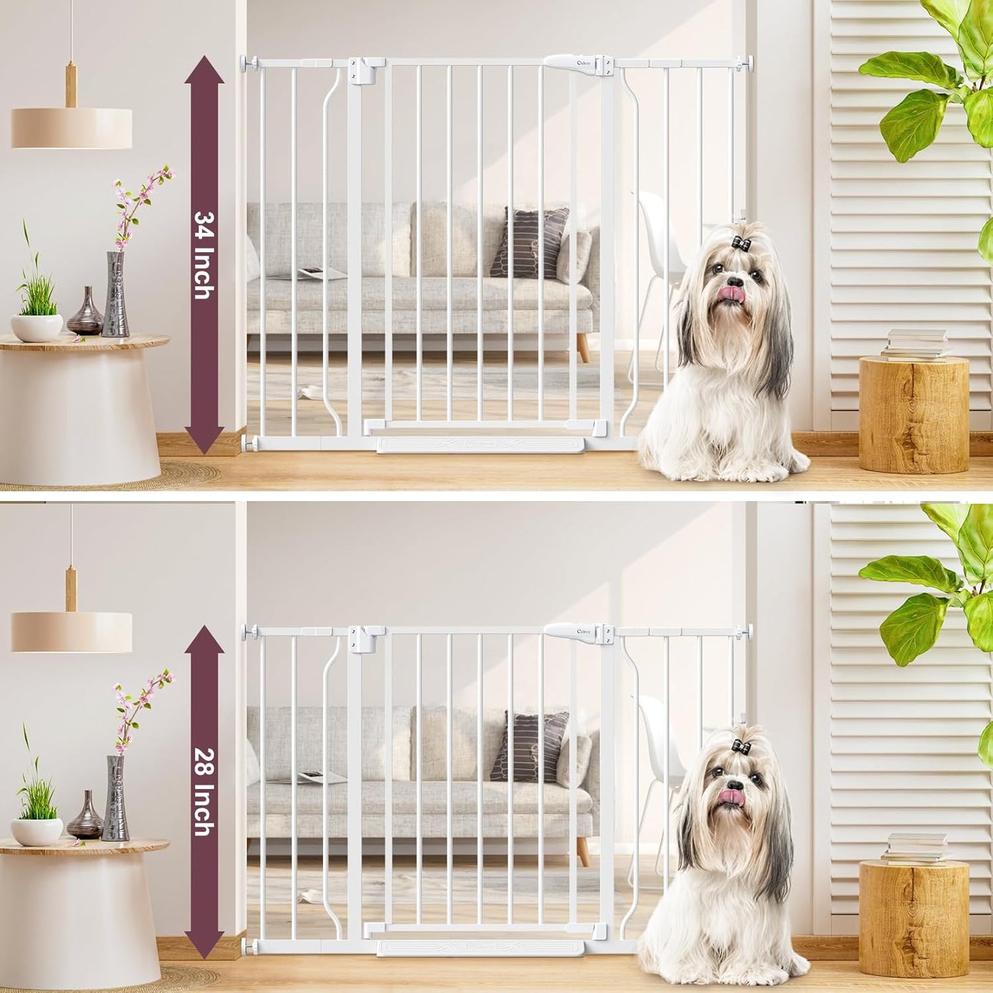 34" Extra Tall Baby Gate for Stairs, Auto Close Stroller Friendly Dog Gate Indoor for Doorways, Pressure Mounted 29"-45" W Baby Gate, Easy Walk Through Gate for Children & Pets, White