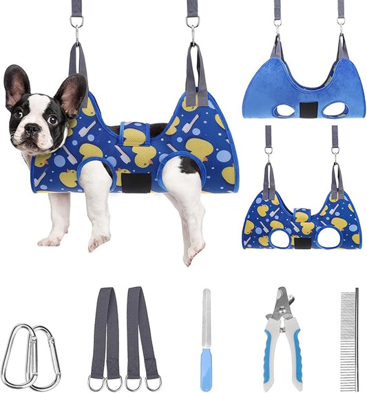 PAWCHIE Dog Grooming Hammock Harness for Dogs & Cats with Pet Nail Clipper Trimmer - Cat Hanger Sling for Trimming Clipping Nails- Dog Hammock Restraint Bag for Small Medium Large Dog, Navy Blue S