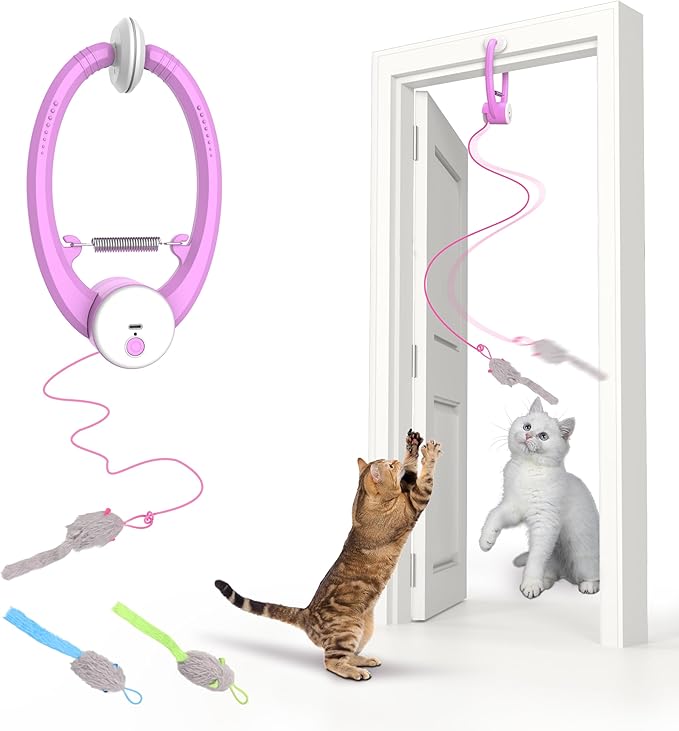 Interactive Cat Toys Rechargeable, Feather Toy for Indoor Cat, Hanging Retractable Teaser Toy, Automatic Kitten Play Chase Exercise Toys with Three Plush Mouse, USB Powered (Pink)