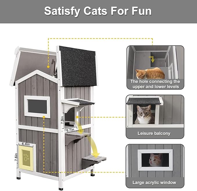 Outdoor Cat Shelter Weatherproof, Two Story Wooden Outside Feral Cat House with Openable Roof, Escape Door