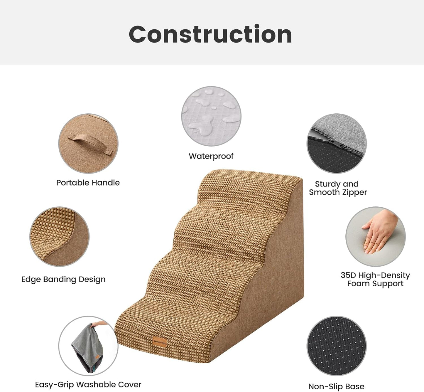 Gardner Pet Dog Stairs for Small Dogs 19.7" H, 4-Step Brown Curved Pet Stairs, Dog Steps for High Bed (18-24 in), Couch with Durable Non-Slip Waterproof Fabric Cover and CertiPUR-US Certified Foam