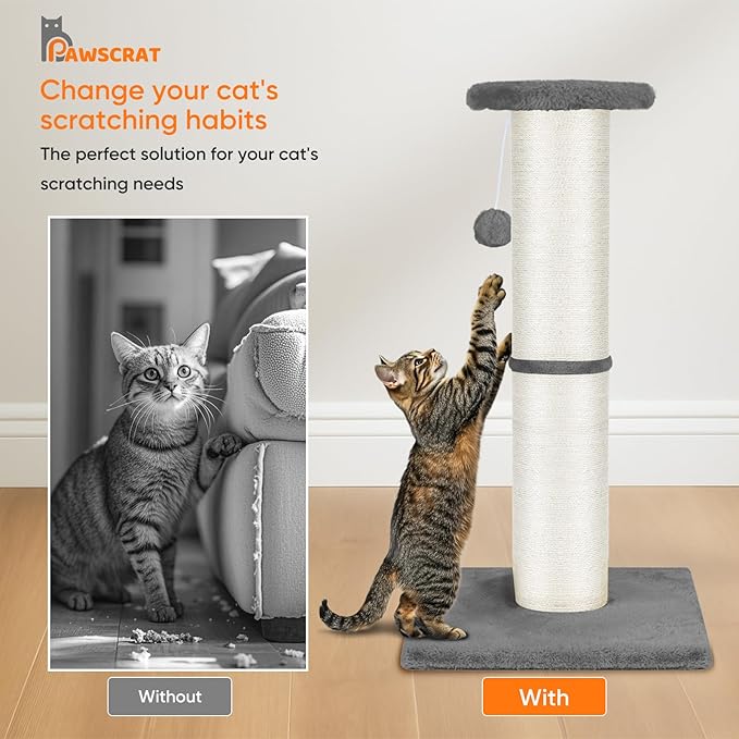 PAWSCRAT Cat Scratching Post 32" Tall, Large Diameter Natural Sisal Cat Scratch Post with Dangling Ball, Scratch-Resistant and Durable for Indoor Cats, Protect Your Furniture, LightGrey