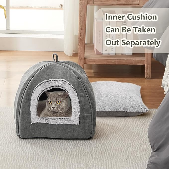 Cat Bed Cave-Cat Beds for Indoor Cats,Kittens and Small Pets,Soft and Warm Cats House Tent Bed,Foldable and Washable with Removable Cushioned and Anti Slip Bottom,Grey 15inches