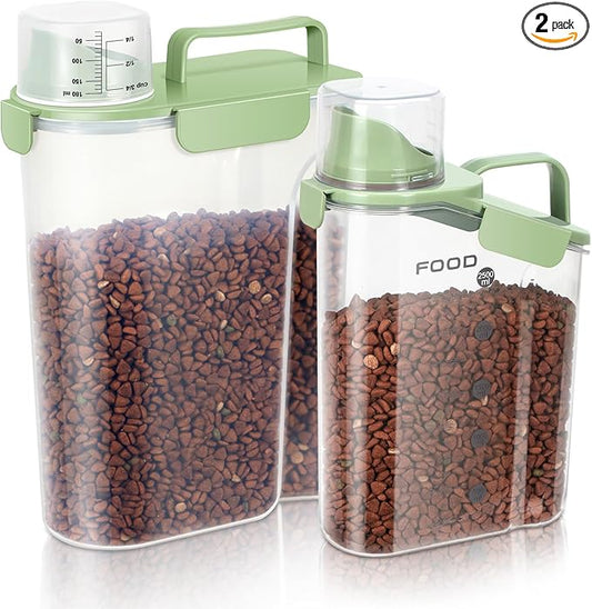 8-12 LBS Cat Dog Pet Food Storage Container, Plastic Dispenser Upgraded Large Nozzle, BPA-free, With Sealed Clasps, Measuring Cup and Handle, Easy to Clean and Carry -2 Packs Leaf Green