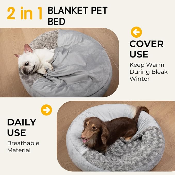 Small Dog Bed with Blanket Removable Cover Cave Washable Cat Pet Bed for Crate Toy Puppy Donut Round Plush Cozy Anti-Slip Bottom Gray 23X23X7 inch